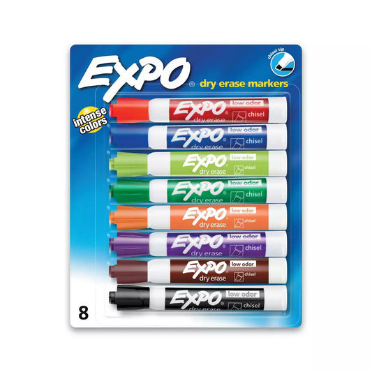Expo 8pk Dry Erase Markers Chisel Tip Multicolored: Whiteboard & Office Supplies, Low-Odor, Bold & Fine Point, Ages 3+